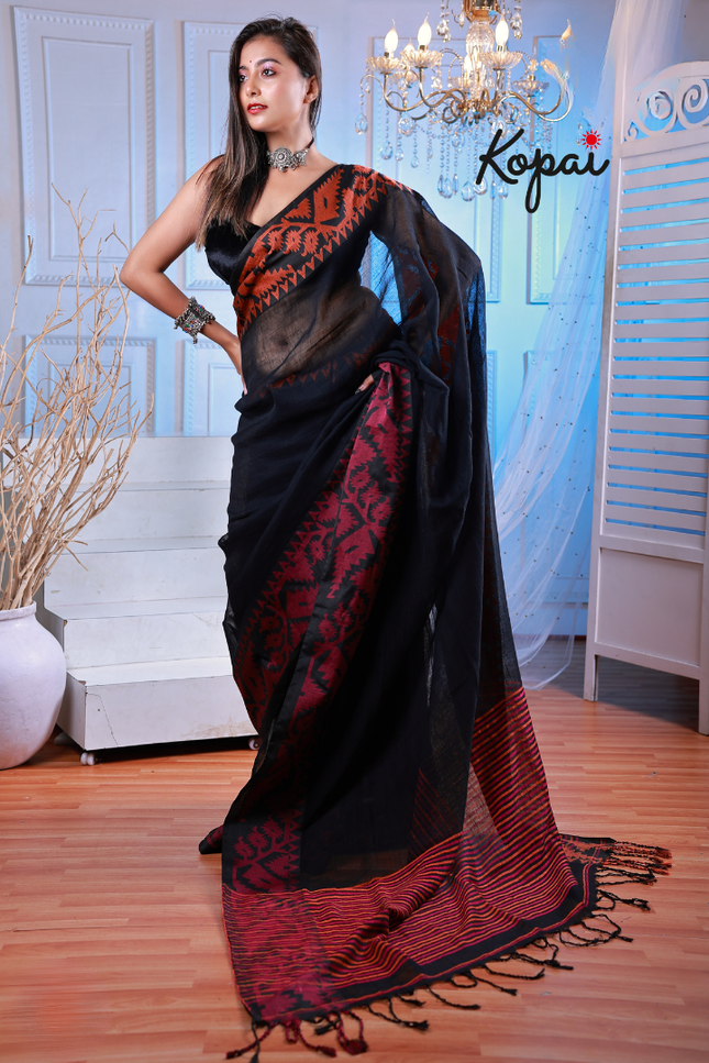 Bengal handloom- black Korat Lenin saree