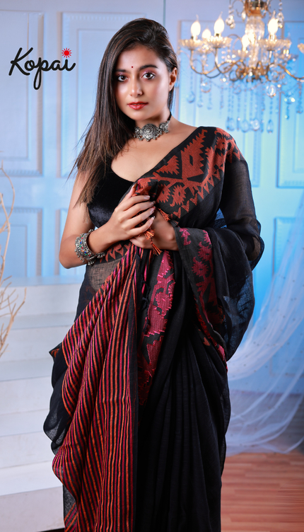Bengal handloom- black Korat Lenin saree