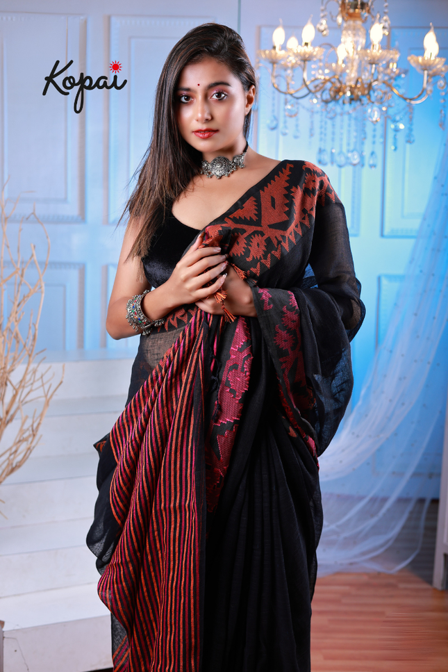 Bengal handloom- black Korat Lenin saree