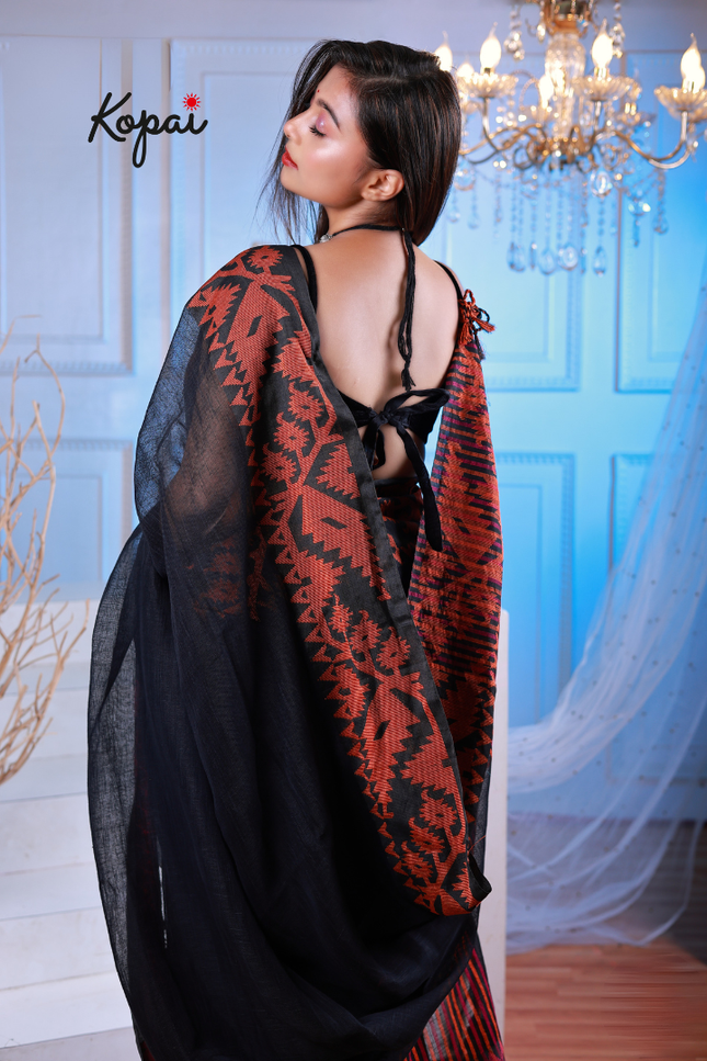 Bengal handloom- black Korat Lenin saree