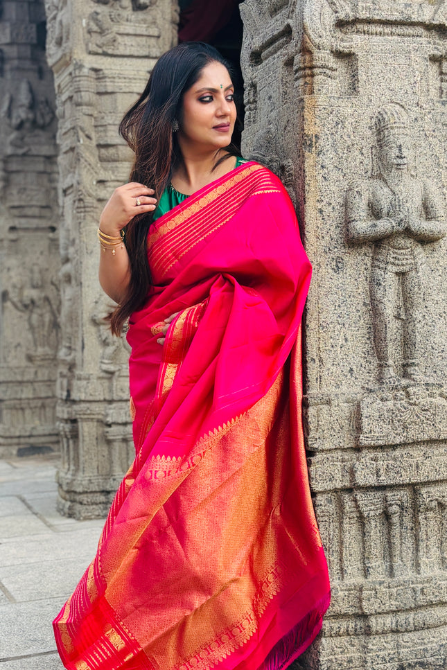 Pure Kanjeevaram Silk Saree ..Pink Saree with golden boarder