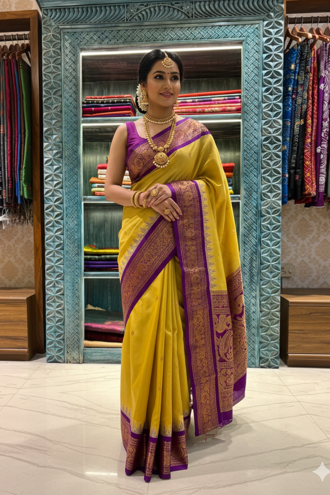 Silk _ Pure Yellow colour handwoven Gadwal Saree with purple and golden boarder