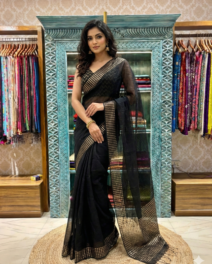 Timeless Elegance of Black Pure Resham Silk Saree – A Classic from Kopai Boutique