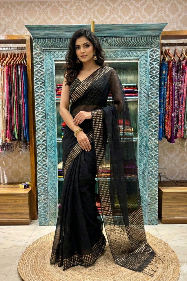 Timeless Elegance of Black Pure Resham Silk Saree – A Classic from Kopai Boutique
