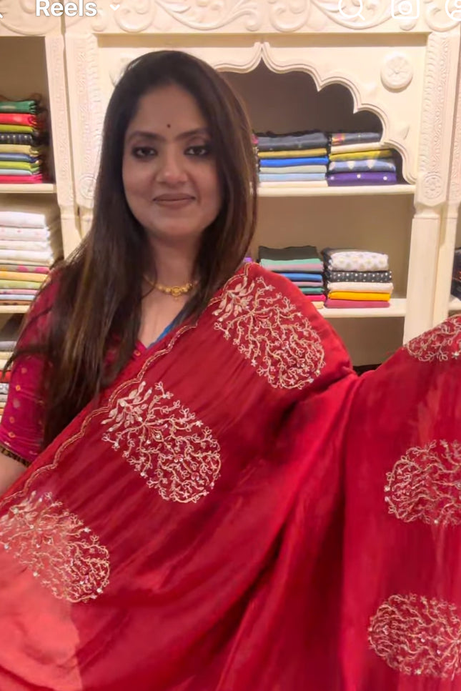 Red satin saree