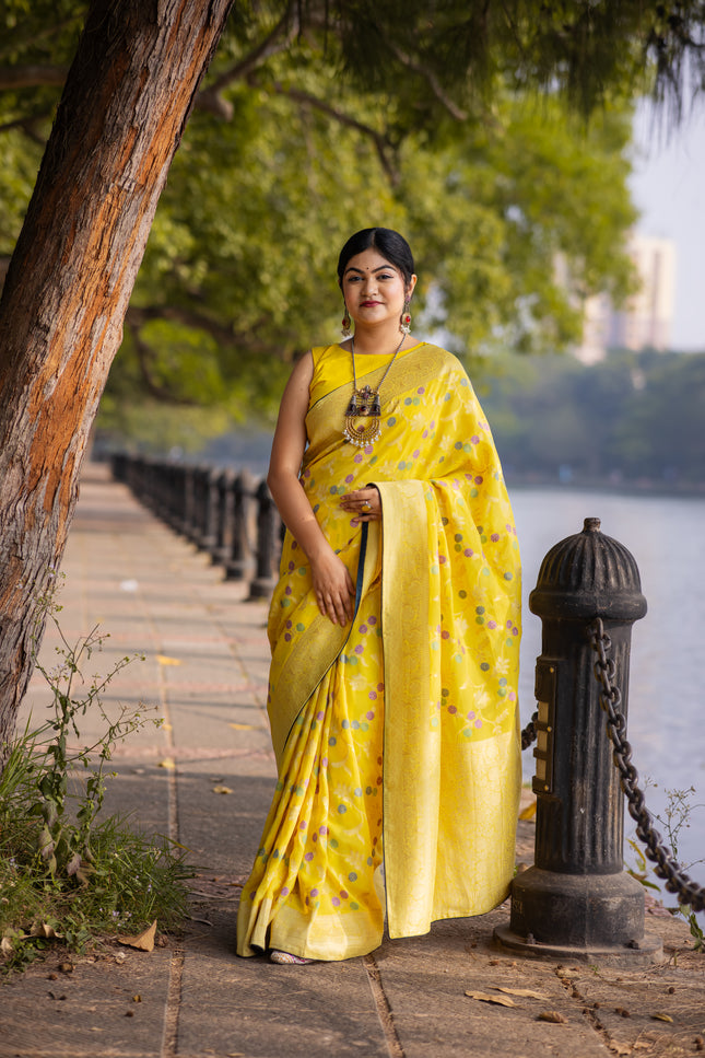 Khaddi yellow saree with jaal work