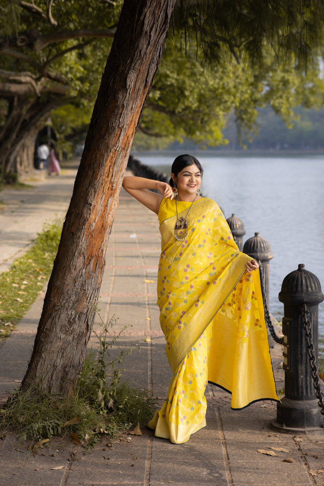 Khaddi yellow saree with jaal work