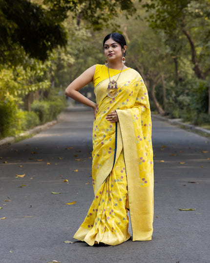 Khaddi yellow saree with jaal work