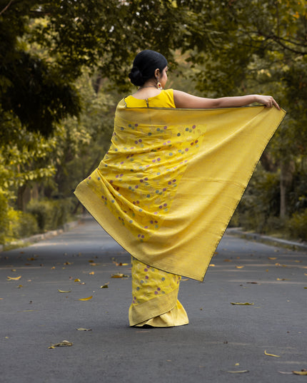 Khaddi yellow saree with jaal work