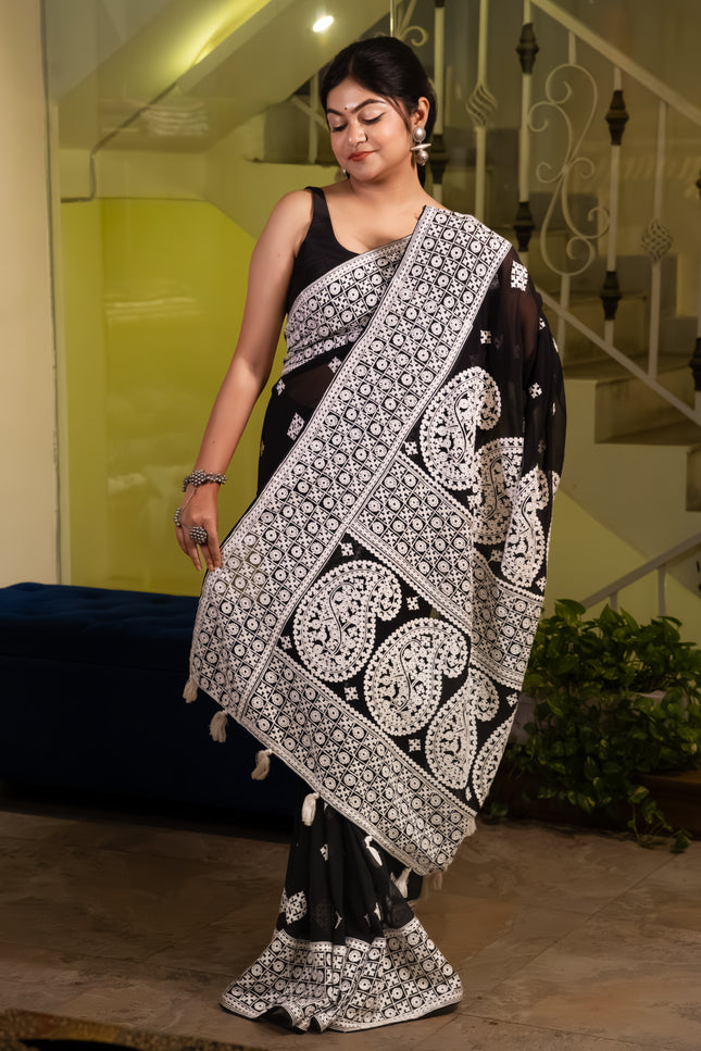 Gorgette embroidery saree