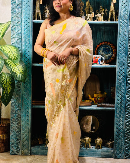 Beige crepe georgette saree