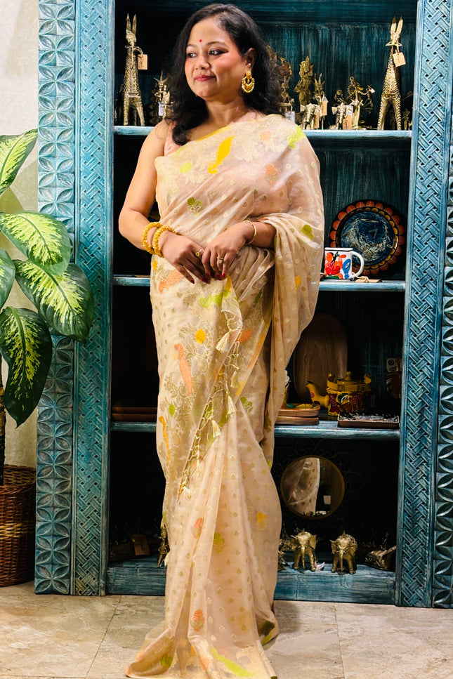 Beige crepe georgette saree