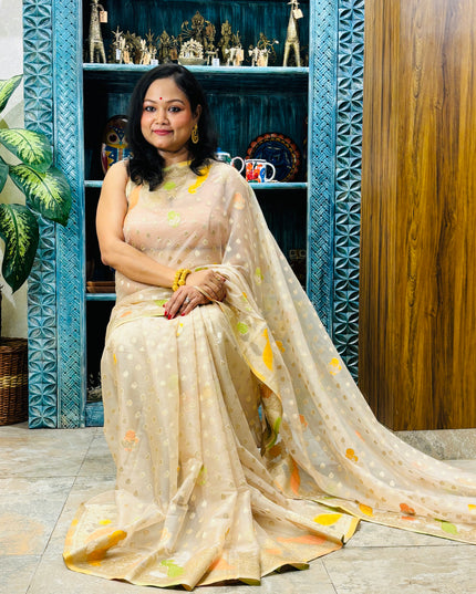 Beige crepe georgette saree