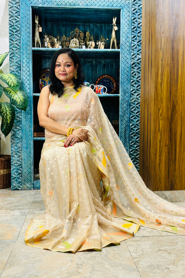 Beige crepe georgette saree