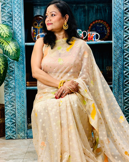 Beige crepe georgette saree