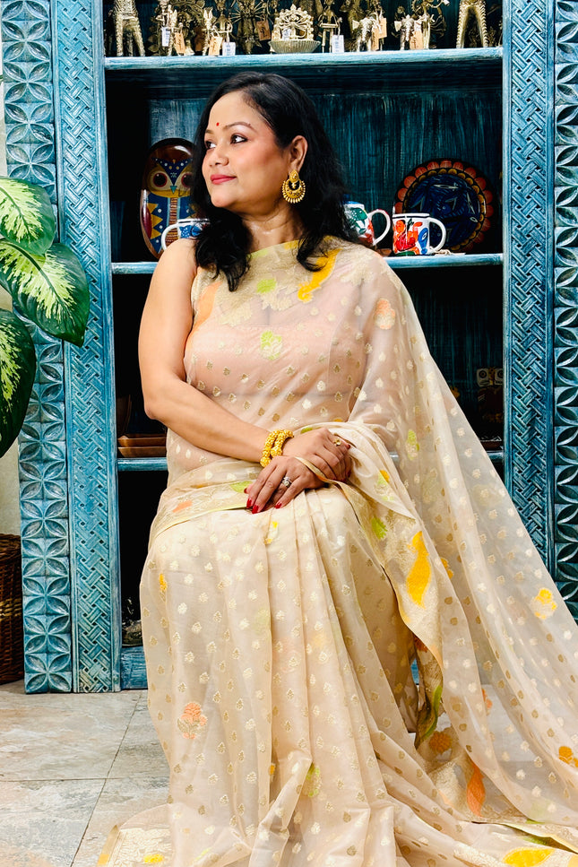 Beige crepe georgette saree