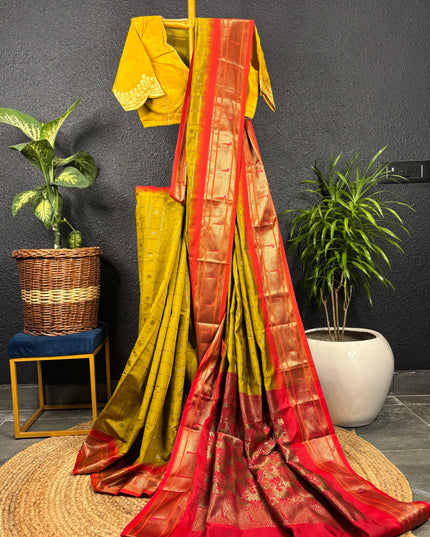 Benarasi semi katan silk - green saree with red border