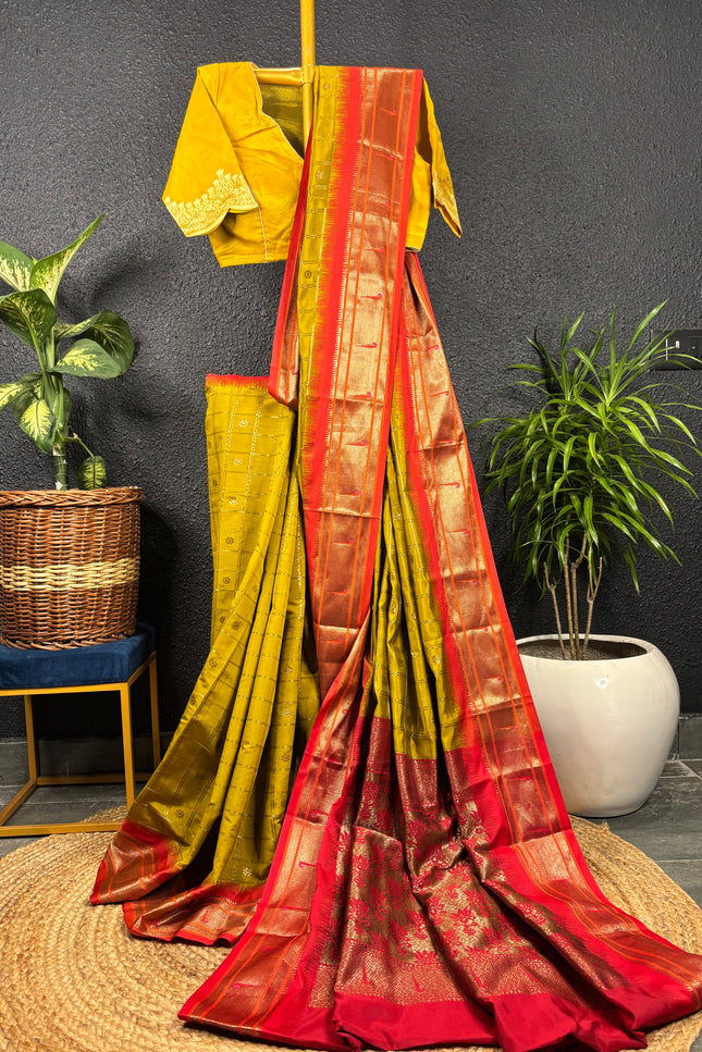 Benarasi semi katan silk - green saree with red border