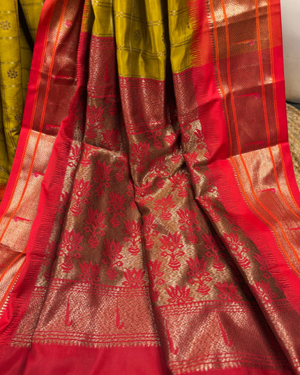 Benarasi semi katan silk - green saree with red border