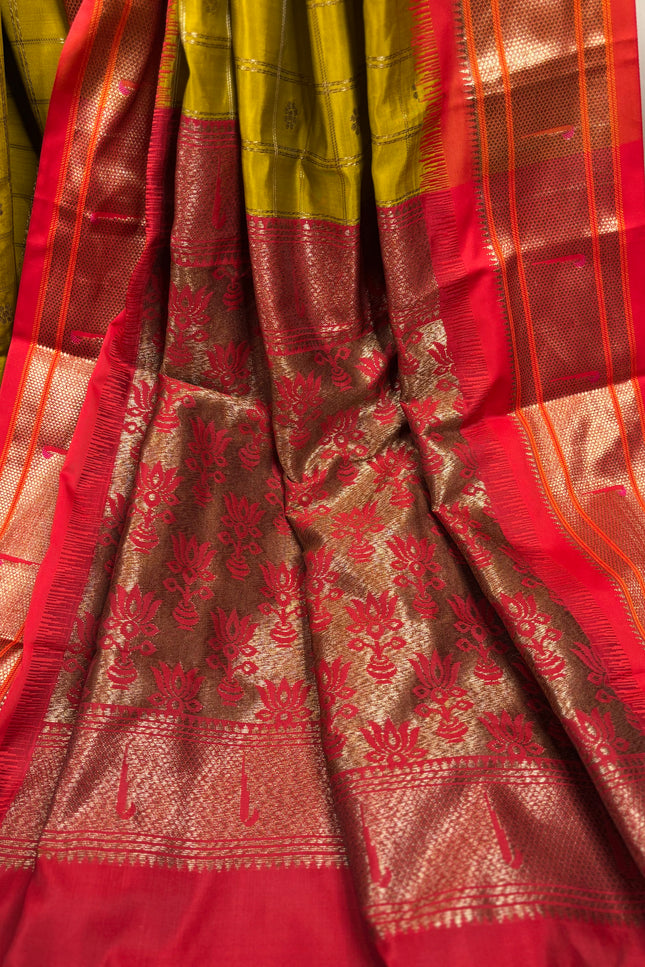 Benarasi semi katan silk - green saree with red border