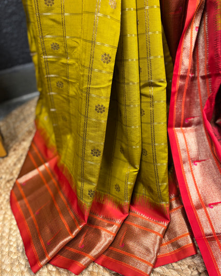 Benarasi semi katan silk - green saree with red border