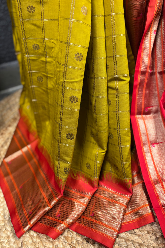 Benarasi semi katan silk - green saree with red border