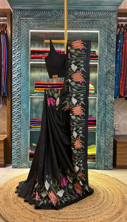Black Tussar Embroidery saree