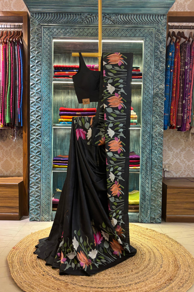 Black Tussar Embroidery saree
