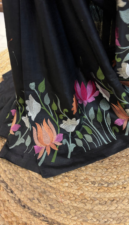Black Tussar Embroidery saree