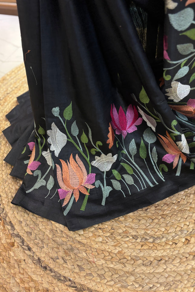 Black Tussar Embroidery saree