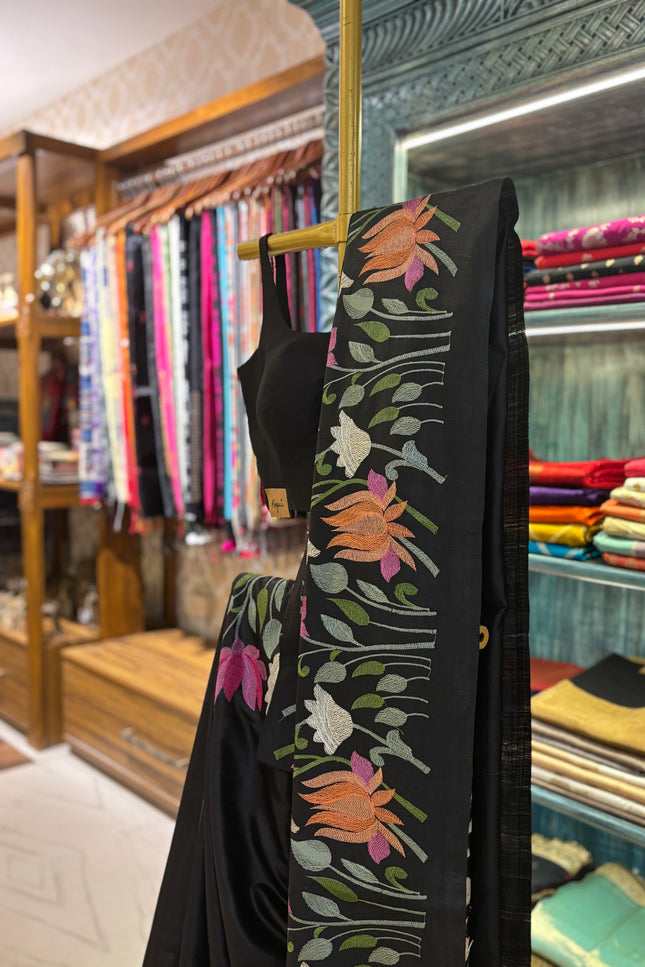 Black Tussar Embroidery saree