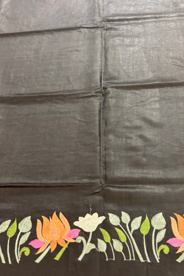 Black Tussar Embroidery saree