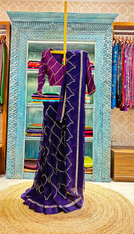 Purple Georgette Embroidery Saree