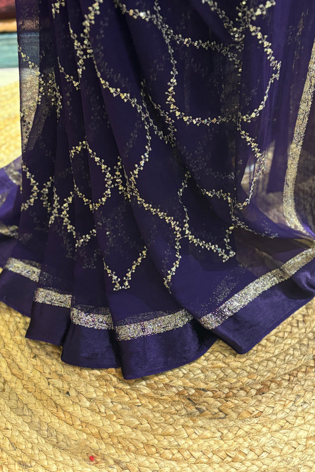 Purple Georgette Embroidery Saree