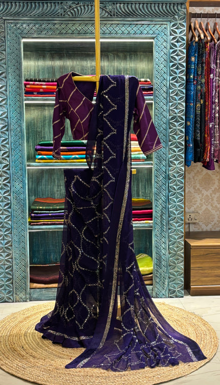 Purple Georgette Embroidery Saree