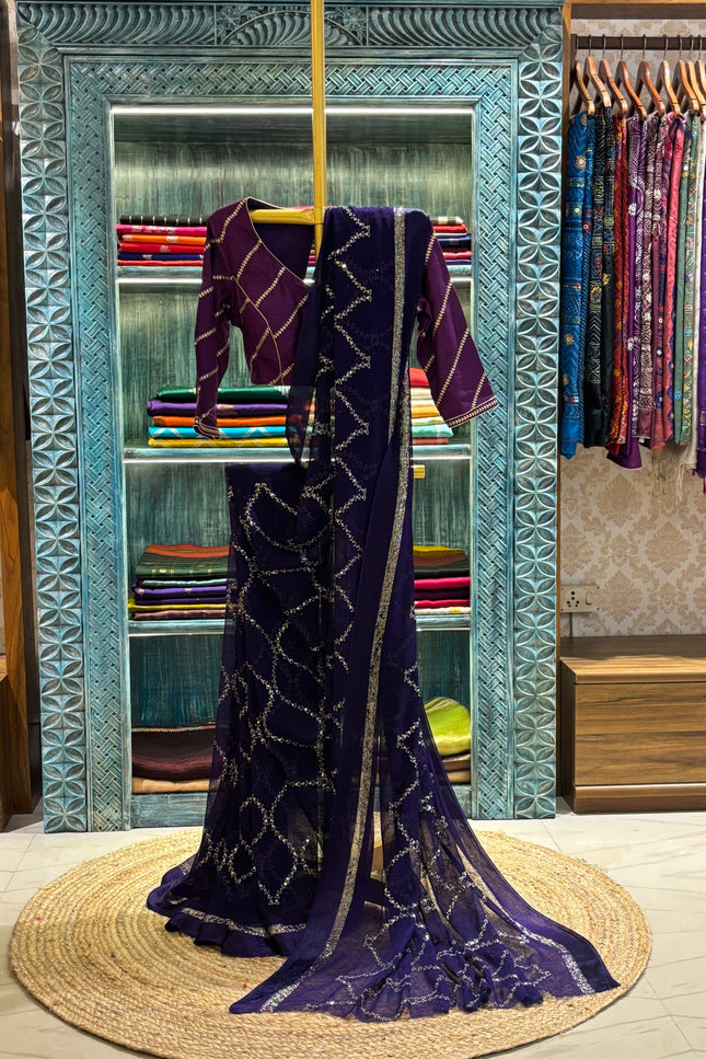 Purple Georgette Embroidery Saree