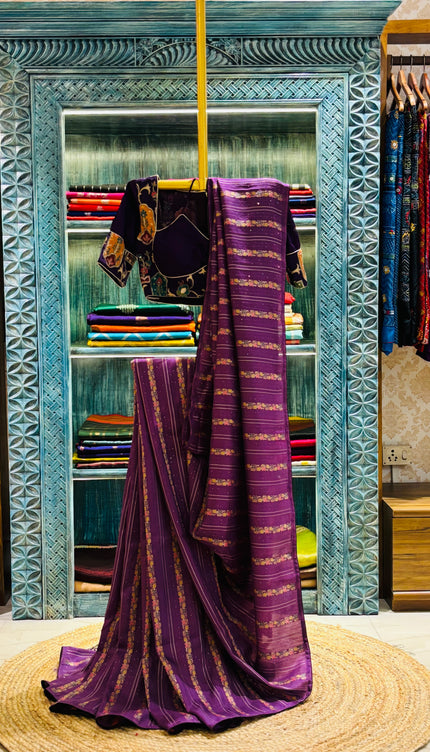 Silk _ Purple Dola Silk with golden motifs