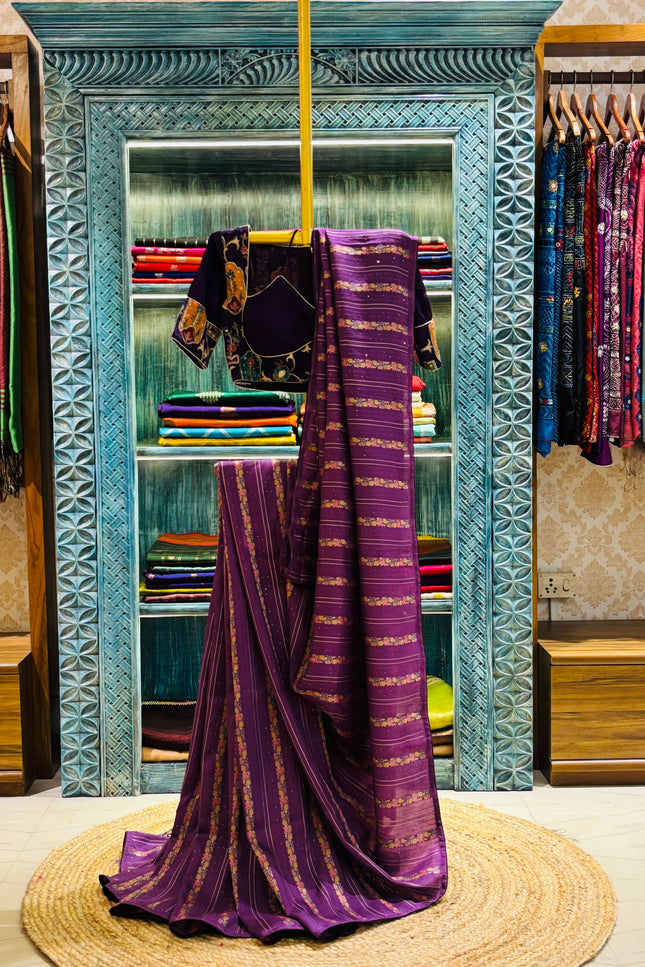 Silk _ Purple Dola Silk with golden motifs