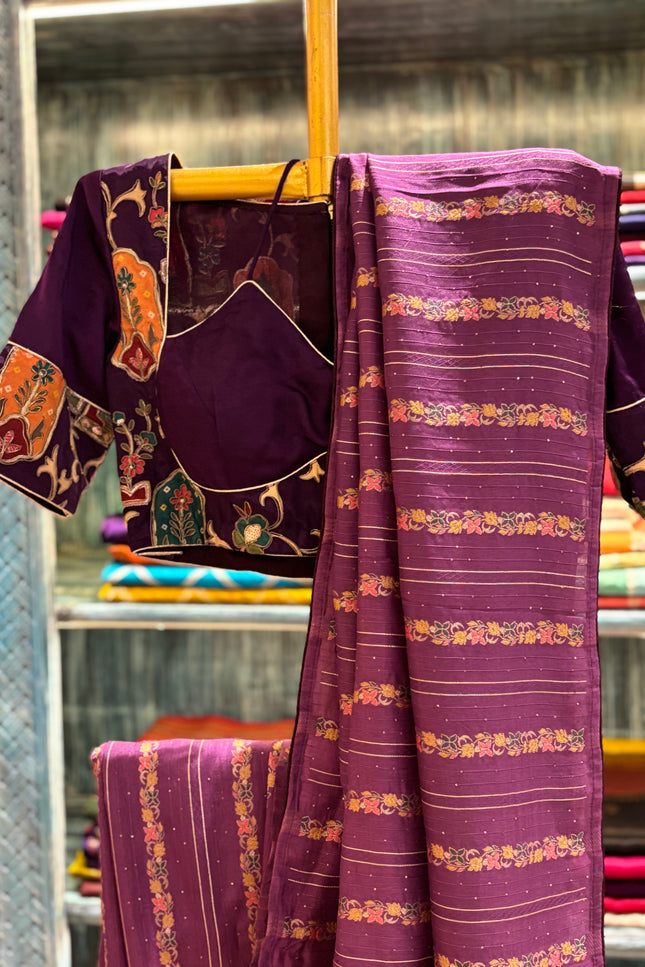 Silk _ Purple Dola Silk with golden motifs