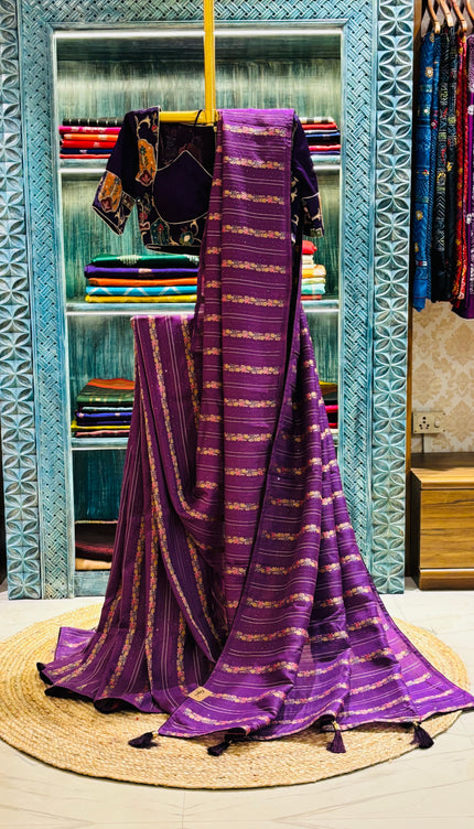 Silk _ Purple Dola Silk with golden motifs