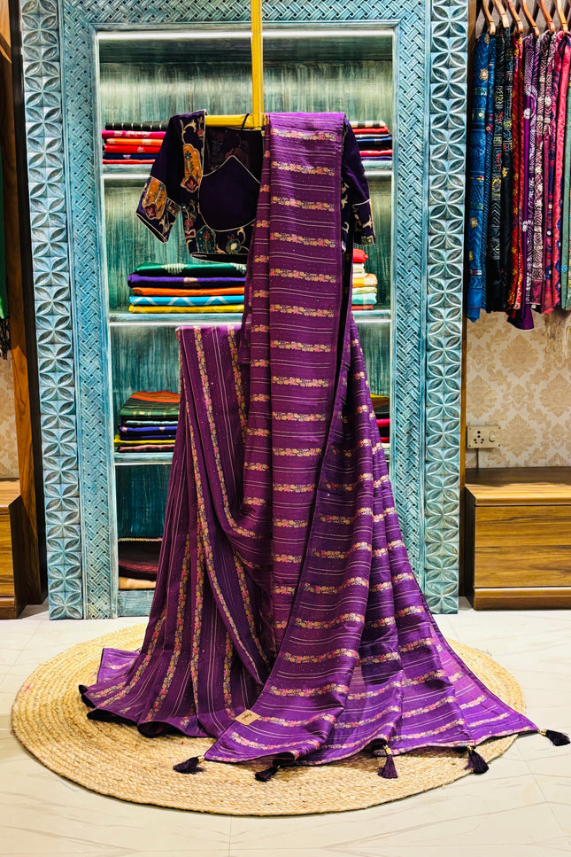 Silk _ Purple Dola Silk with golden motifs