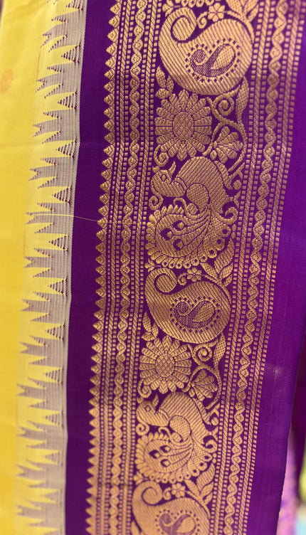 Silk _ Pure Yellow colour handwoven Gadwal Saree with purple and golden boarder