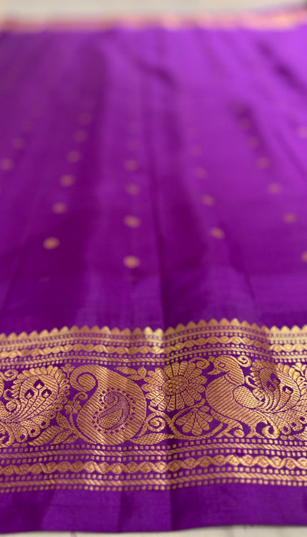 Silk _ Pure Yellow colour handwoven Gadwal Saree with purple and golden boarder