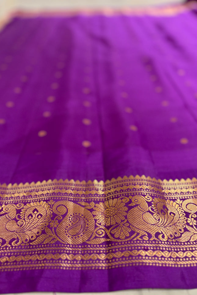 Silk _ Pure Yellow colour handwoven Gadwal Saree with purple and golden boarder