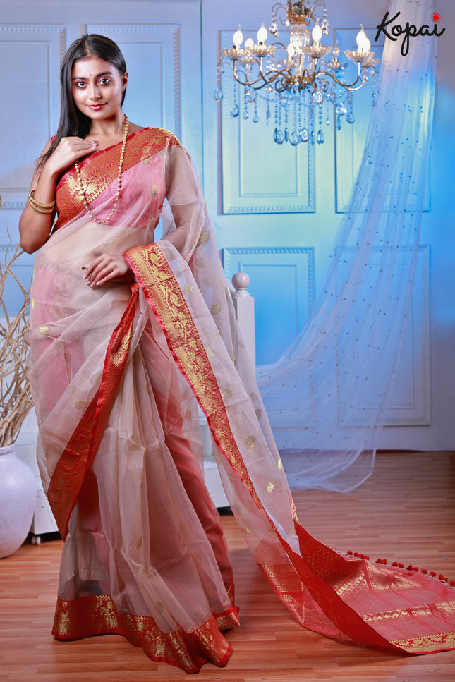 Muslin benarasi beige and red saree