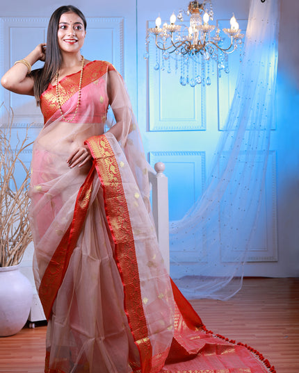 Muslin benarasi beige and red saree