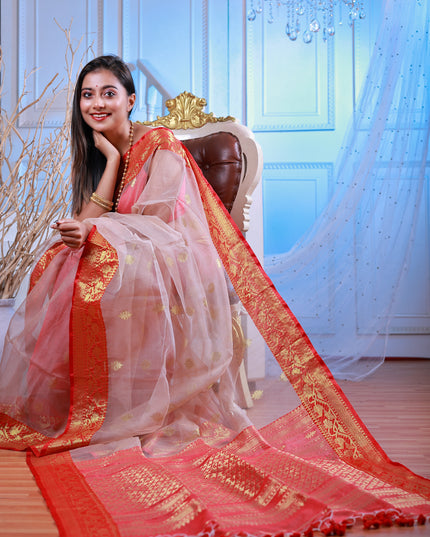 Muslin benarasi beige and red saree