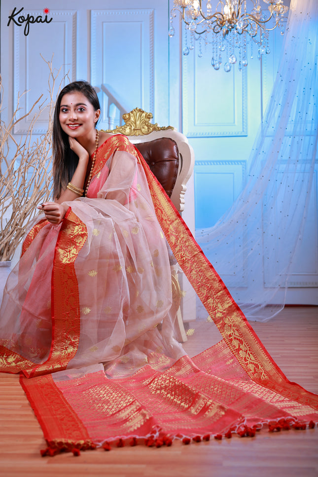 Muslin benarasi beige and red saree