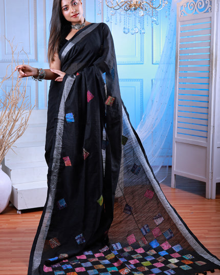 Cotton black saree with katha stitch and applique work