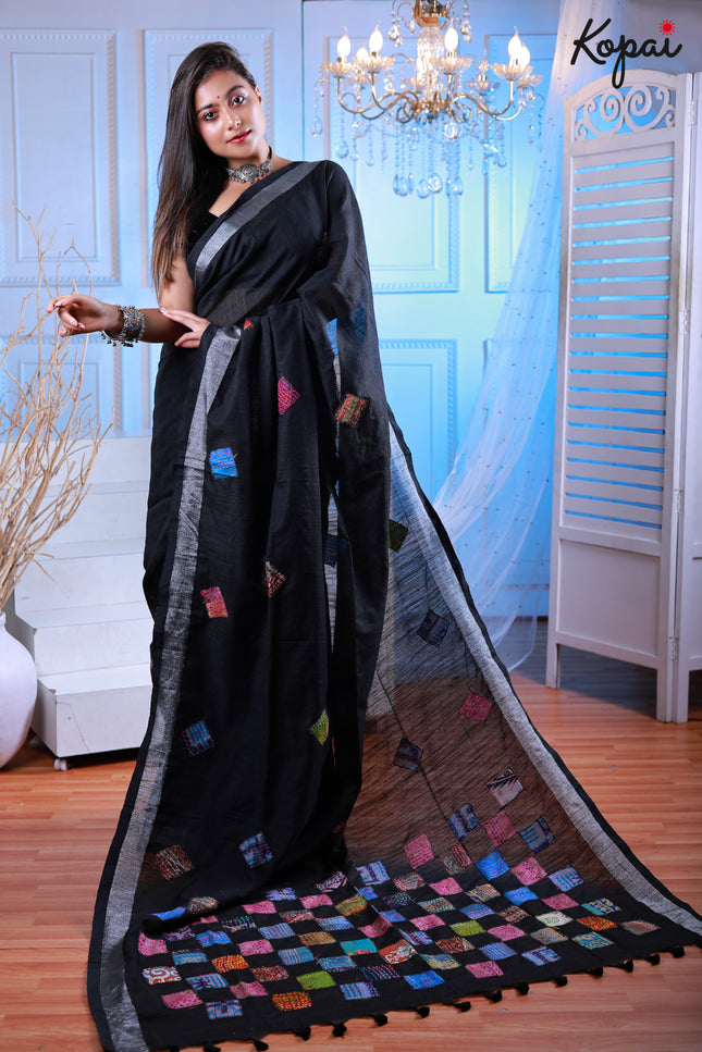 Cotton black saree with katha stitch and applique work